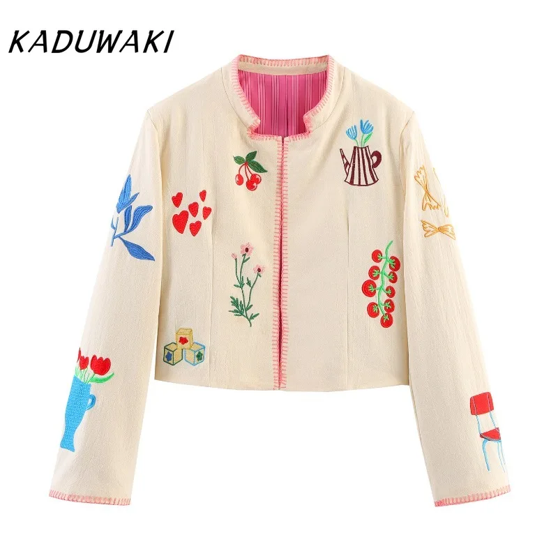 

KADUWAKI Y2k Fashion Women Short Embroidery Jacket Stand Collar Long Sleeve Cardigan Coat Autumn Streetwear Lady Outerwear 방수자켓