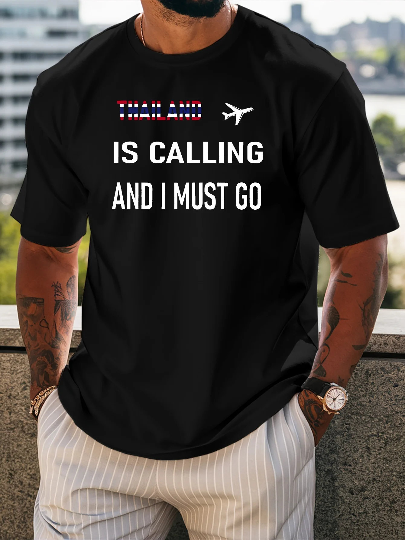 Mens Crew Neck T Shirt Thailand Is Calling Airplane Travel Text Graphic Short Sleeve Casual Cotton Vacation Lover Streetwear Tee