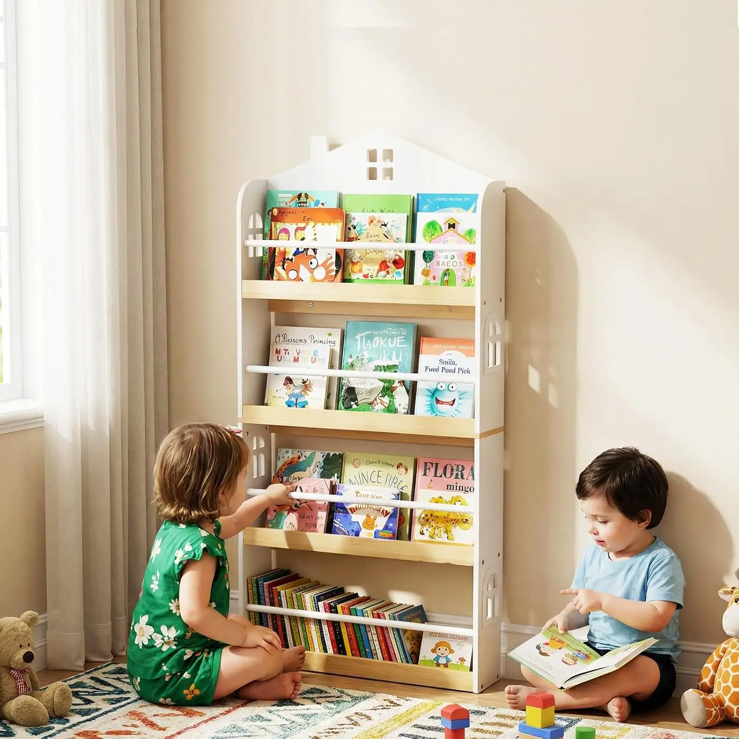 4-Tier Kids Bookshelf Wall Mounted, Wooden Book Display Rack w/Anti-Falling Baffles & Metal Bars, Reserved Skirting, Customized