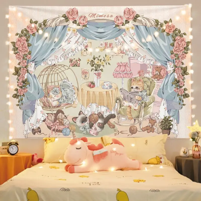 VIKAMAGoodnight Goodnight Rabbit Bear Bedroom Tapestry Cute Pet Cartoon Background Cloth Warm Tapestry Room Decoration