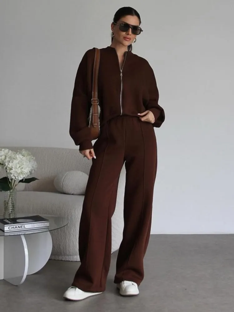 Frauen Sweatsuit Set Vintage Oansatz Zipper Bomber Jacken Hohe Taille Lose Hosen Anzug Weiblichen Frühjahr Neue Mode Dame Sportswear