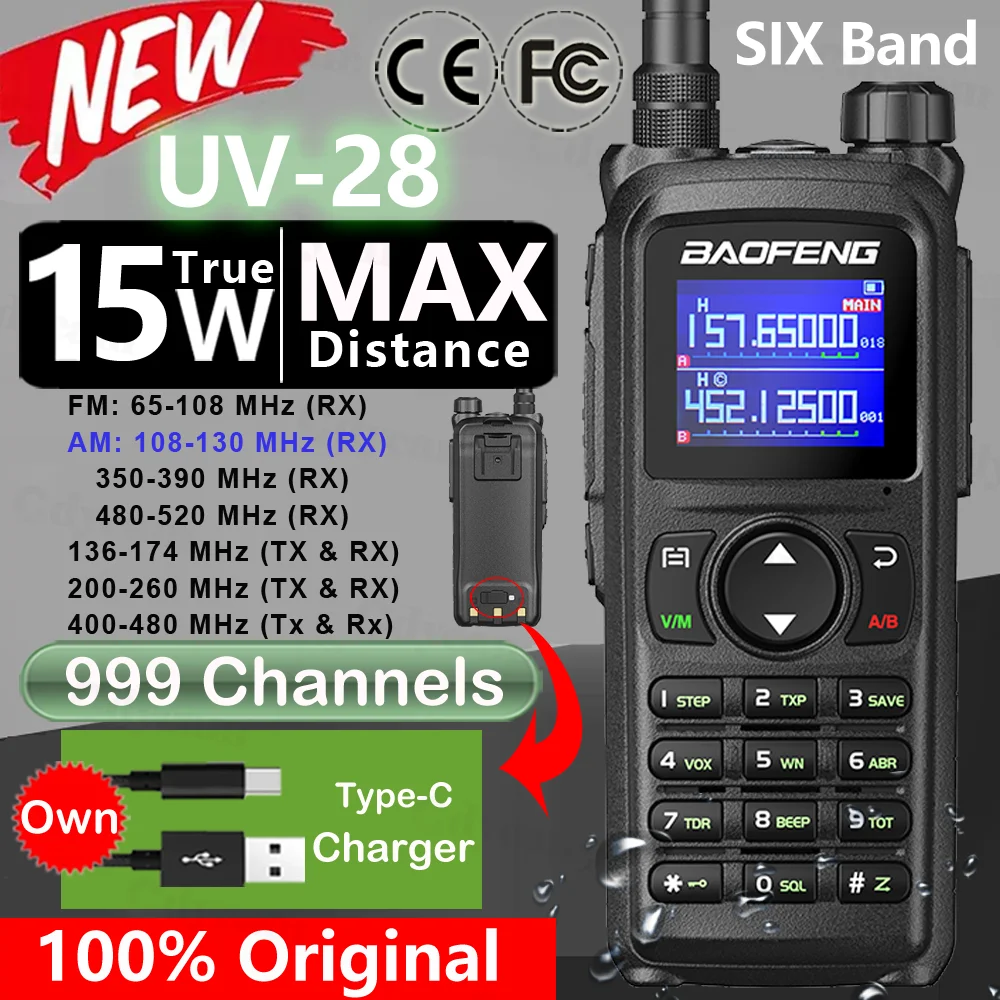 

New Baofeng UV-28 15W Walkie Talkie Long Range Wirless Copy Frequency 6 Band 999 Channels Two Way Ham Radio Baofeng Transceiver