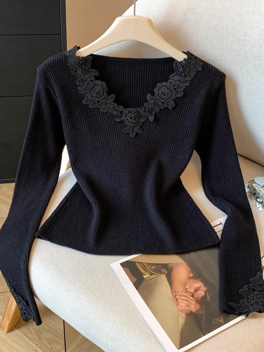 الحلو Sle الدانتيل هوك محبوك V-ne أعلى المرأة سليم صالح طويل Sve تريكو الخريف الشتاء Faion Ci المشي قاعدة irt