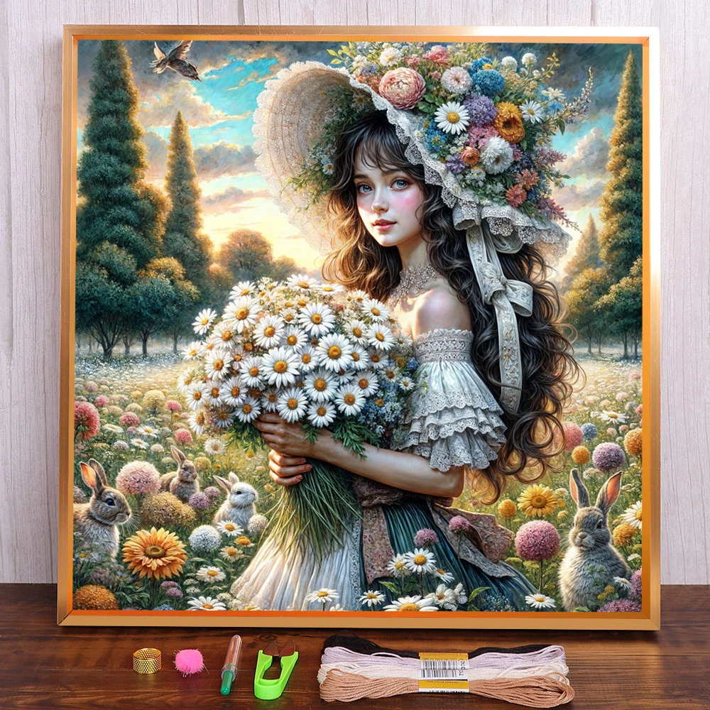 

Portrait Girl Flower Printed Fabric Cross Stitch Full Kit Embroidery Handiwork Needlework Handmade Craft Stamped Floss Wholesale