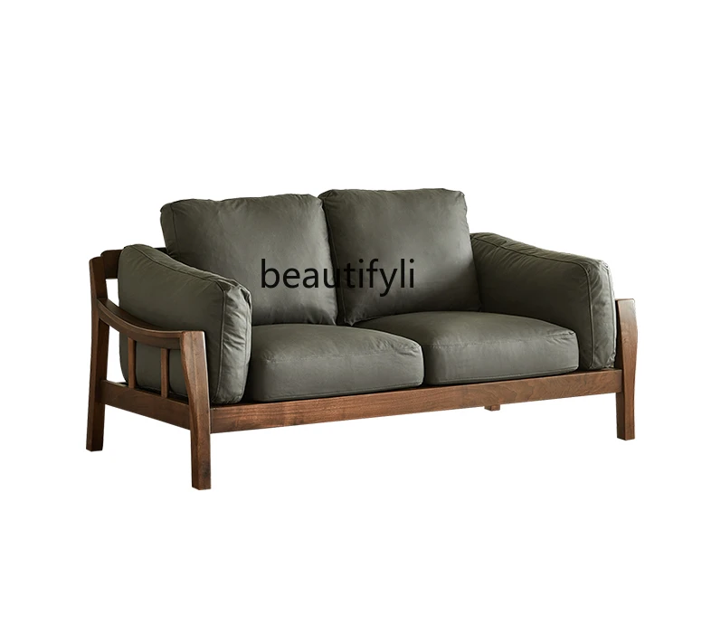 

North American Black Walnut Wooden Sofa Nordic Simple Leather Sofa Combination Home Living Room All Solid Wood Furniture