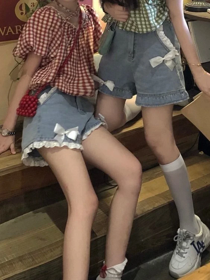 Japanse Lolita Soft Girl Denim Shorts Vrouwelijke Student Lente Zomer Hoge Taille Kant Boog A-lijn Wijde Pijpen Shorts Jeans Hotpants