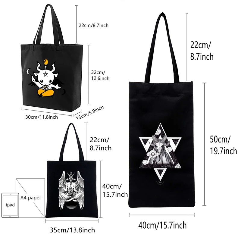 Baphomet Occult Goat Shopping Black Bags Canvas Tote Bag Reusable Satan Demon Ghost Cloth Bag Handbag