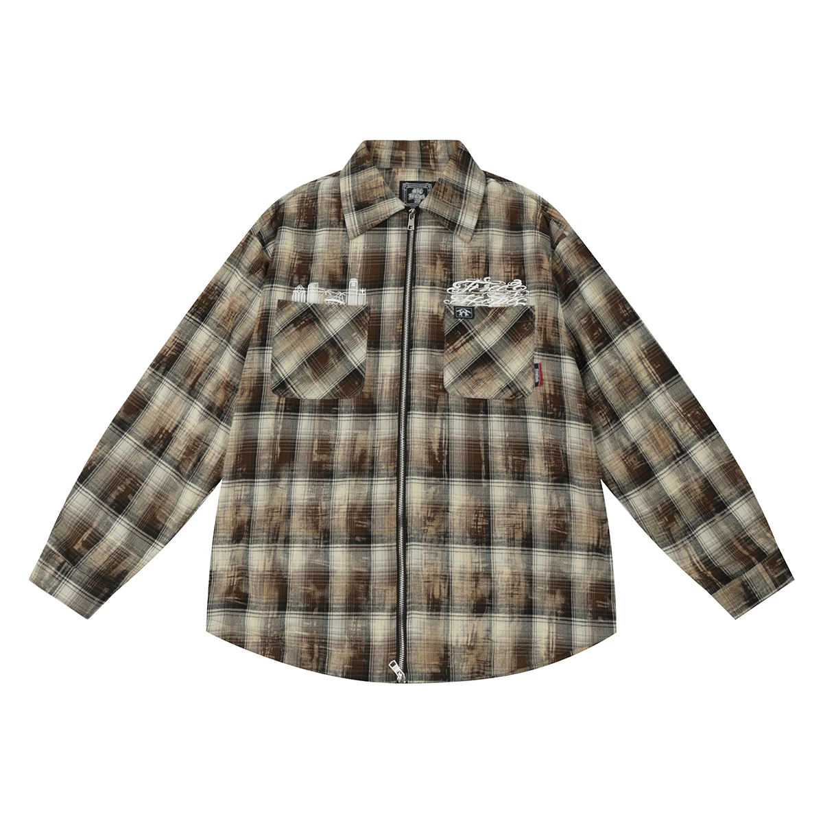 Color Block Pocekts Patchwork Lapel Long Sleeve Mens Shirts High Street Checkered Casual Coat Oversized Plaid Loose Shirt Jacket