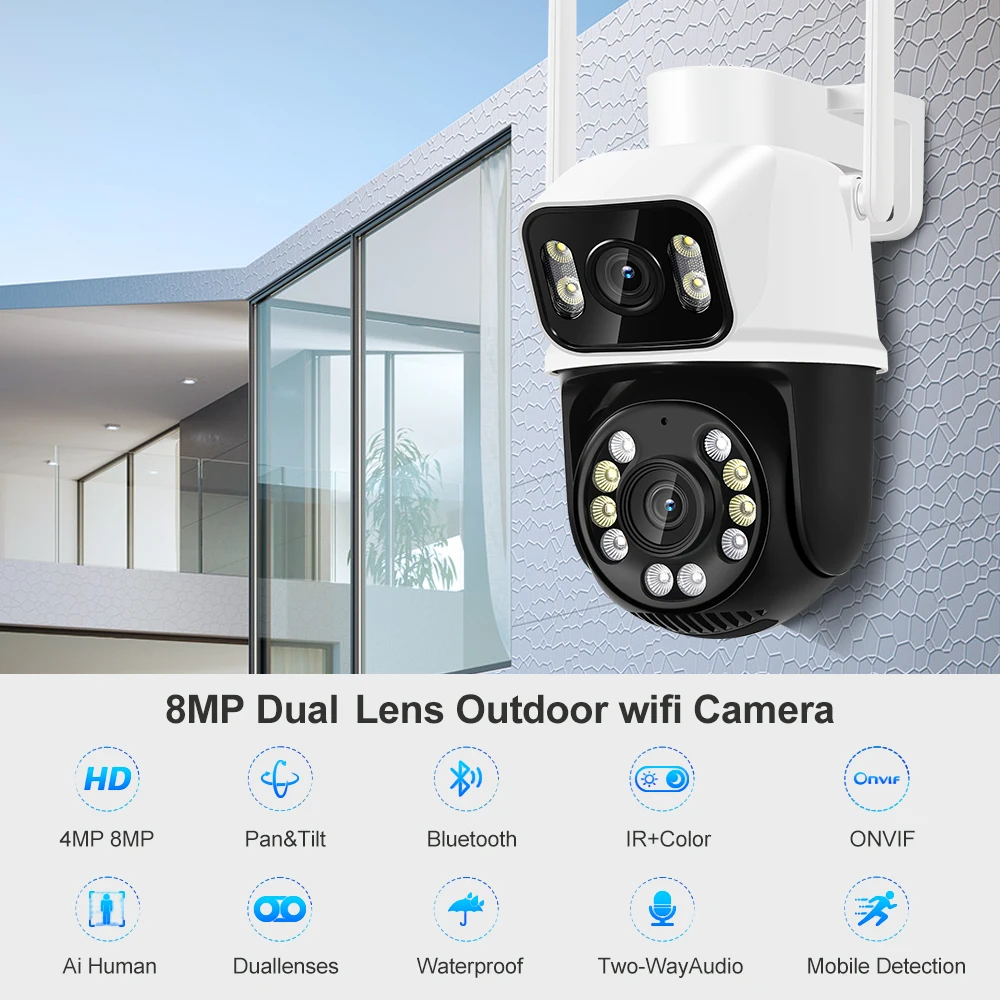 8MP 4K Wifi Camera PTZ Dual Screen AI Human Detection Auto Tracking Outdoor ONVIF CCTV Security Surveillance Camera ICSee