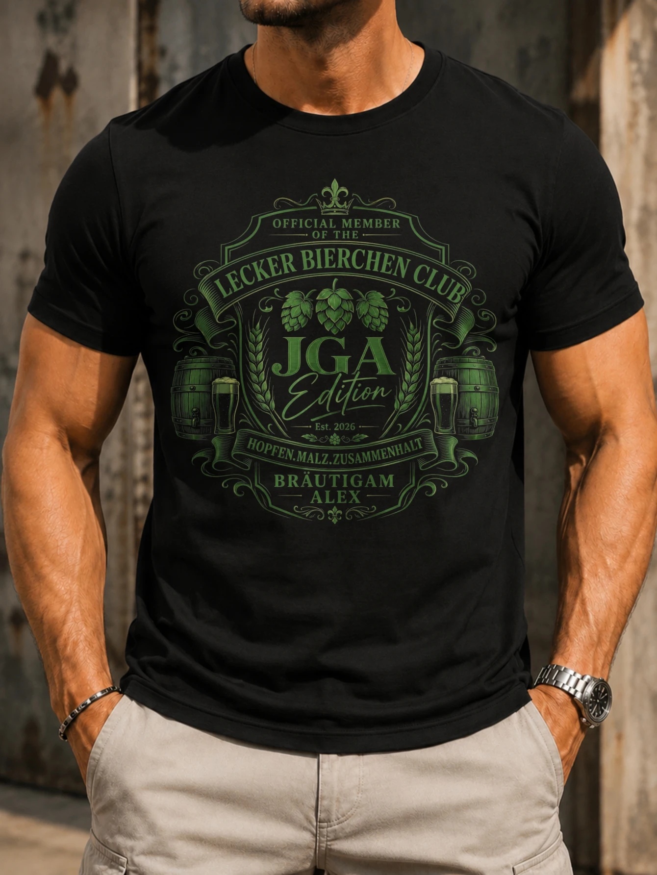 Lecker Bierchen Club JGA Edition  ornate green  with hops barrels and  Brautigam Alex bachelor  Unisex All T-Shirt