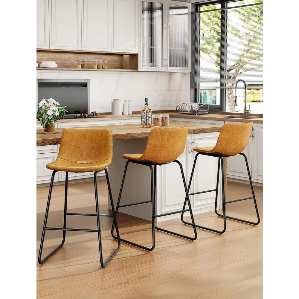 

Bar Stools Set of 3, Faux Leather Counter Height Stools, 26" Modern Barstools with Metal Legs and Footrest, Urban Armless Counte