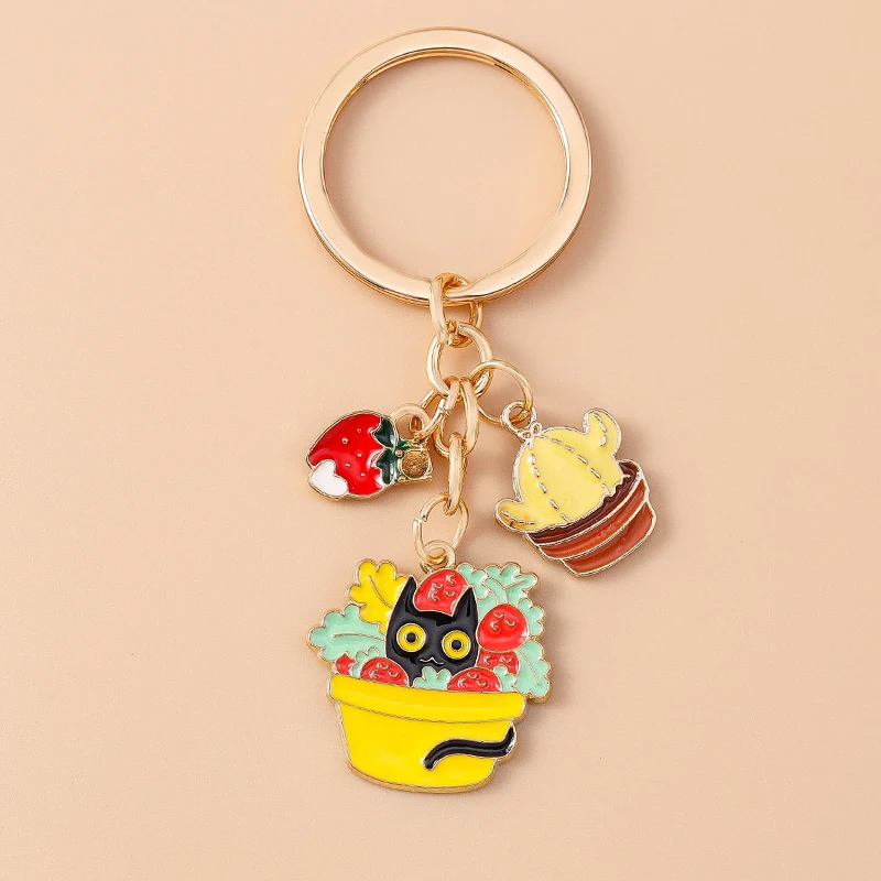 Cute Enamel Cartoon Cat Keychain Potted Plant Flower Key Ring for Women Girls Handbag Pendants DIY Handmade Jewelry Gift