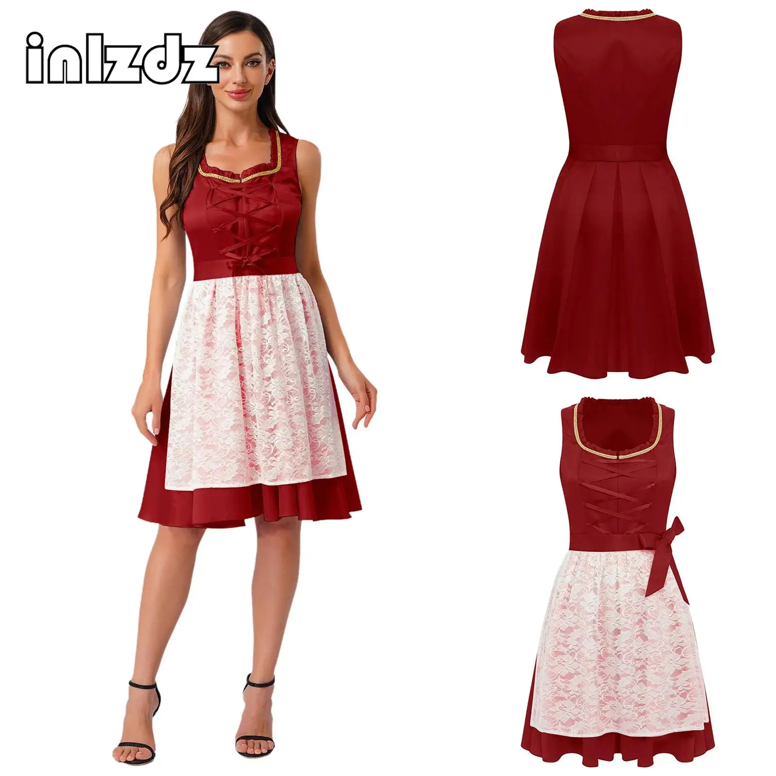 

New Womens German Oktoberfest Costume Ruffled Gold Trim Front Lace-up Dress with Lace Apron Halloween Maid Cosplay Party Costume