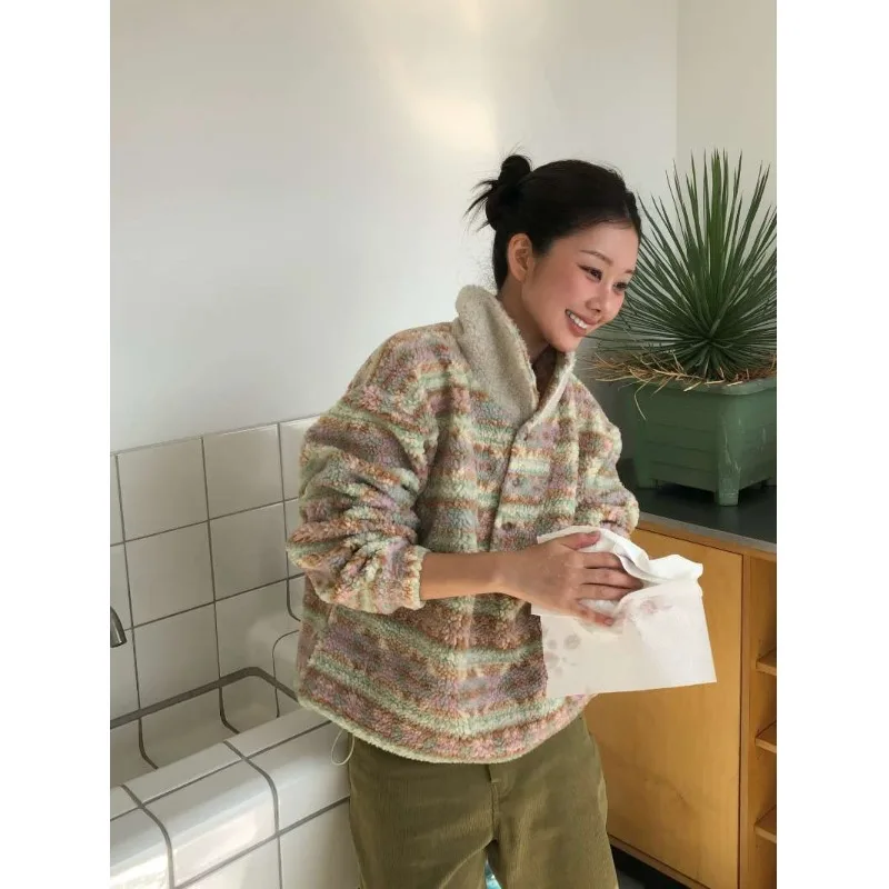 Chic inverno vintage bavero pelliccia di agnello calda felpa Jaet donna allentata pigra eleganza tuta sportiva top fibra di poliestere 00%