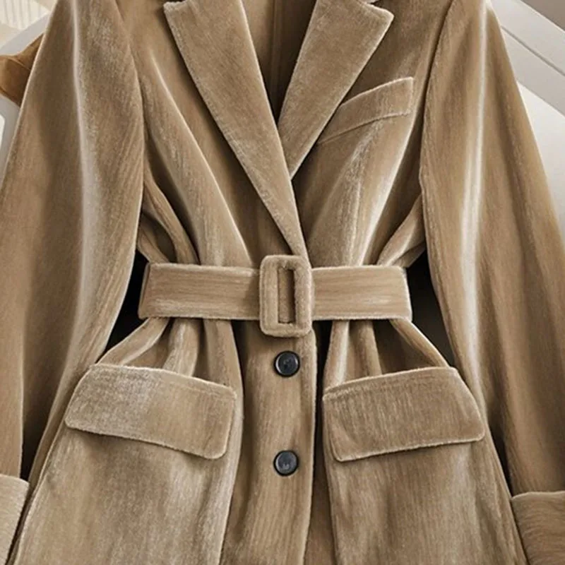 Fashion Design Gold Velvet Suit Jacket Women's Suit Coat Top Casual Versatile Coffee Thickened Spring Autumn Winter Jacket