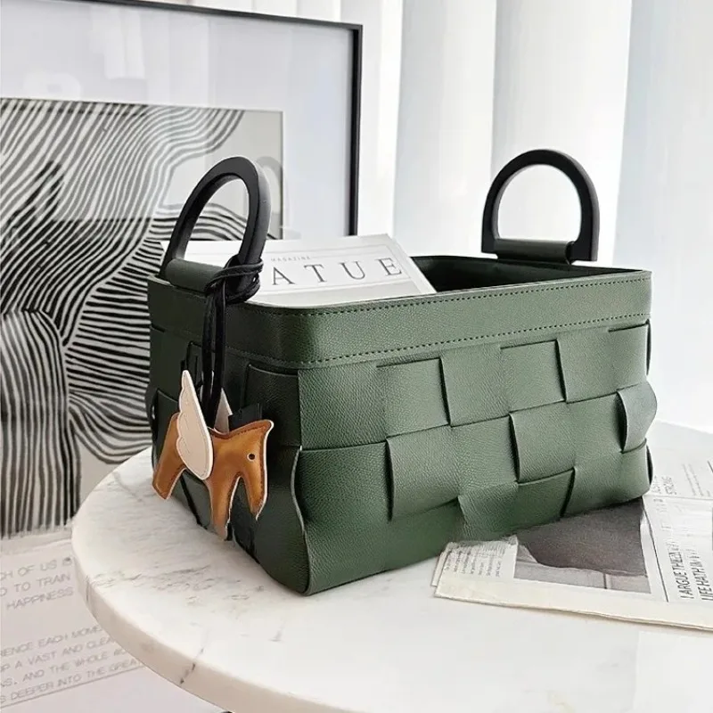 

Leather Storage Basket with Wood Handle, Cosmetic Organizer Pouch, Tabletop Sorting Tray, Soft Luxury Decor Bin for Home