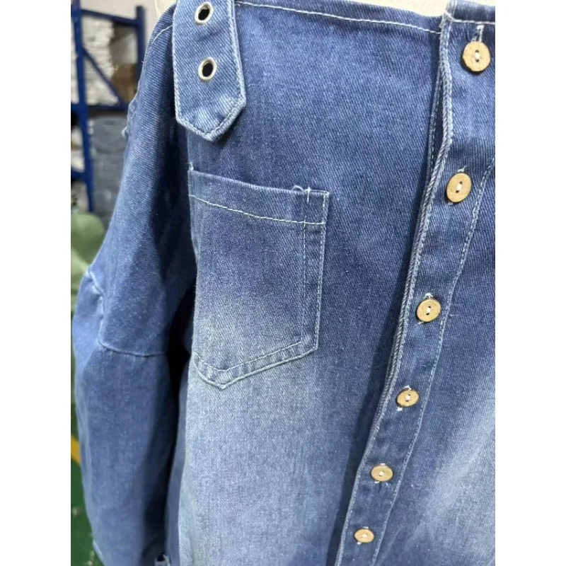 Luxury Sexy Off-the-shoulder Straps Pockets Denim Jumpsuits Wide-leg Jumpsuit Women Rompers Overalls Buttons Blue Jeans Trend
