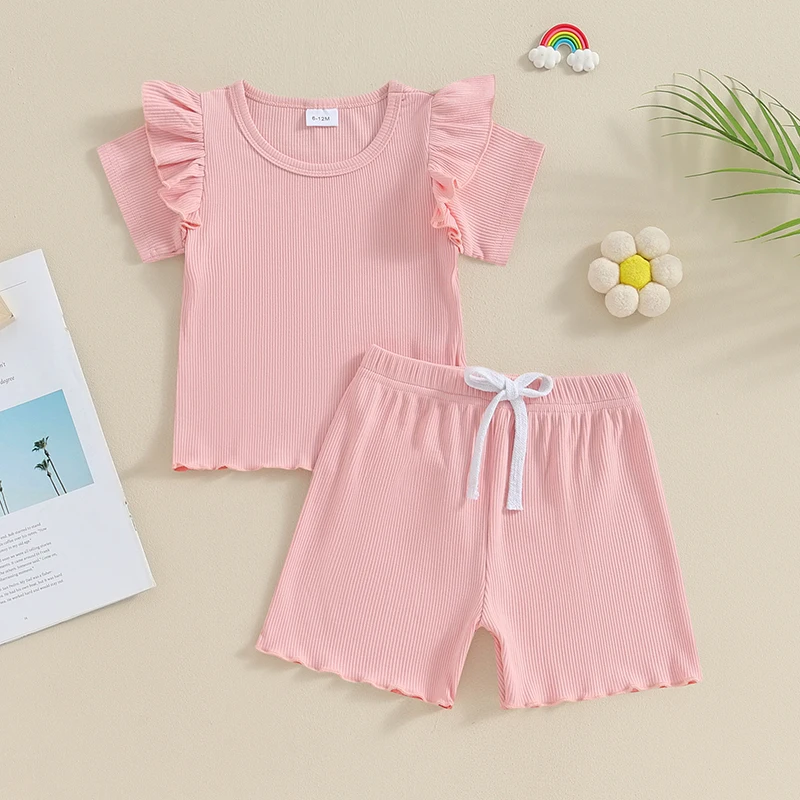 

Toddlers Baby Girls Summer Clothes Solid Color Ribbed Ruffle Short T-Shirt and Elastic Shorts Set Baby Outfit