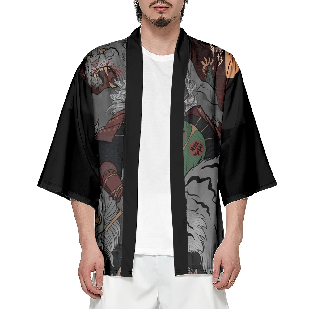 Japanische schwarze Dämon Print Strickjacke Männer Haori Yukata Kimono Samurai Harajuku Streetwear Kleidung Jacke Obi