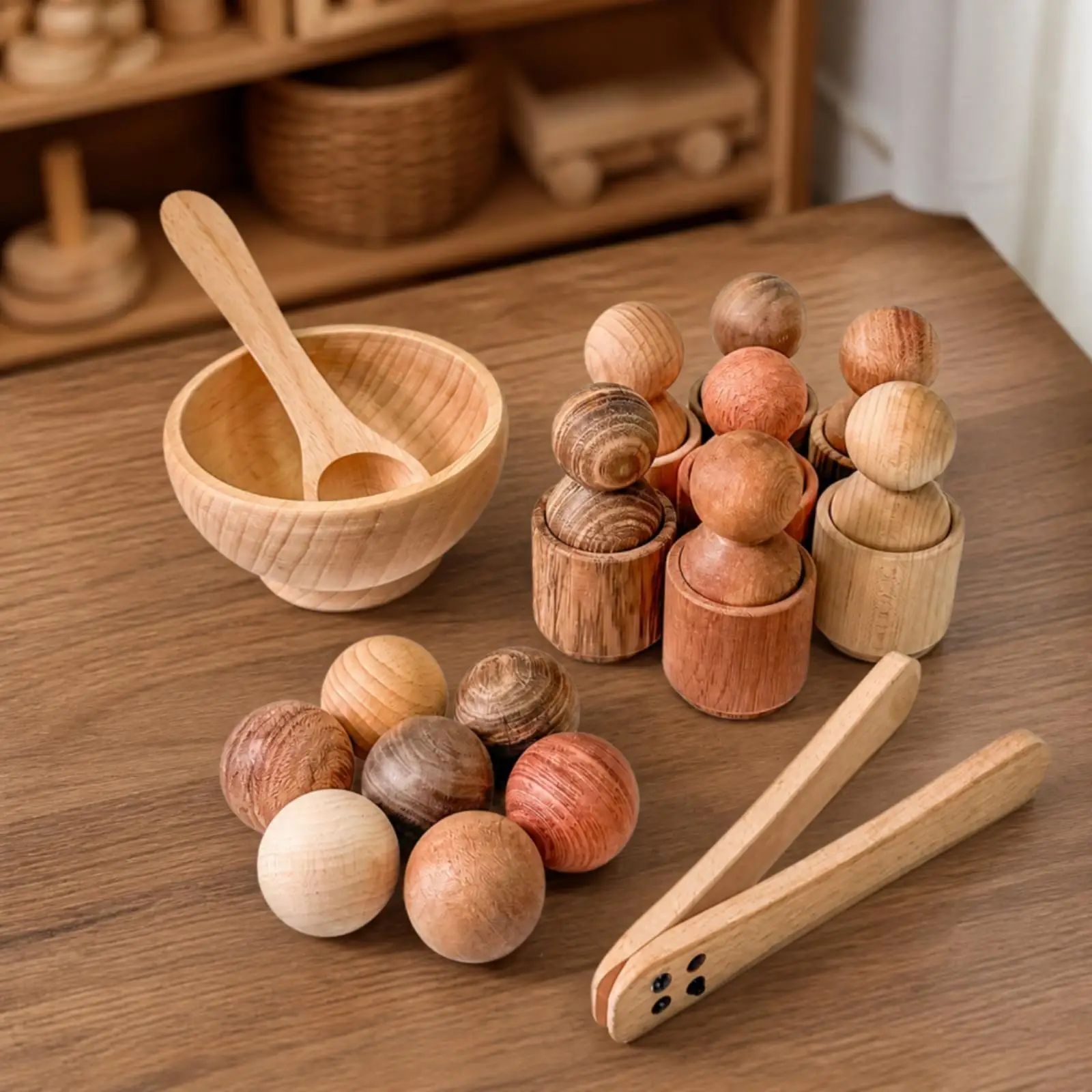 Wooden Sorting Toy with Bowl and Balls Wood Wooden Stacking Toy with Cups and Tongs Educational Color Sorting Activity Set for