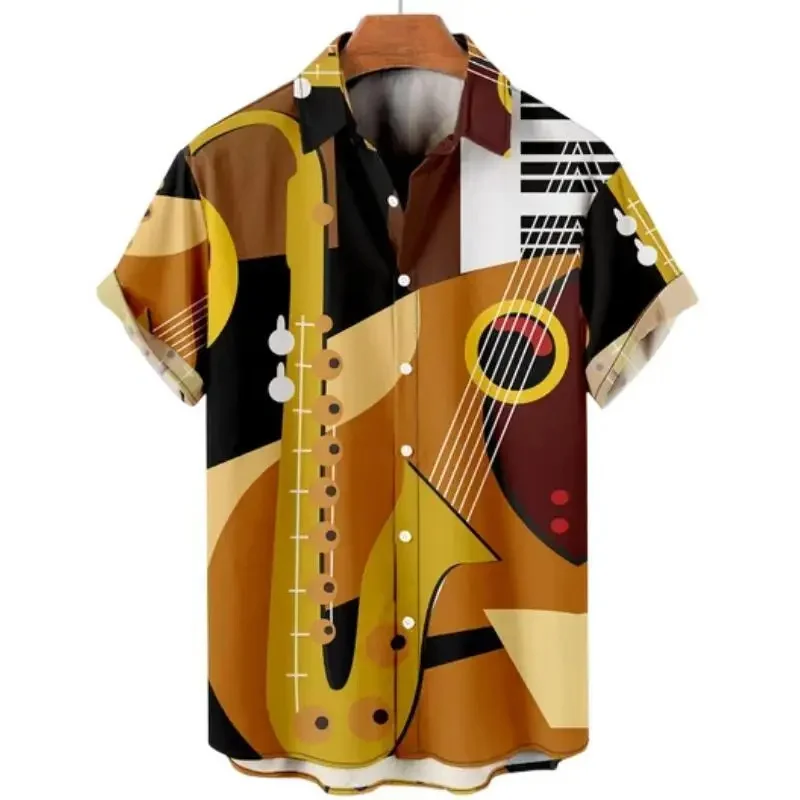 Musical Instrument 3D Print Hawaiian Shirt Men\'s Retro Jazz Pattern Short Sleeved Shirts Casual Oversized Harajuku Lapel Blouse