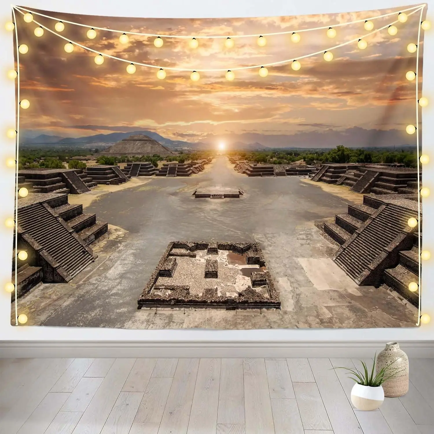 Tapestry Pyramids of The Sun and Moon Mexico Old Ruins Teotihuacan Historic Cultural City Sunset Sky Wall Hanging Home Bedroom