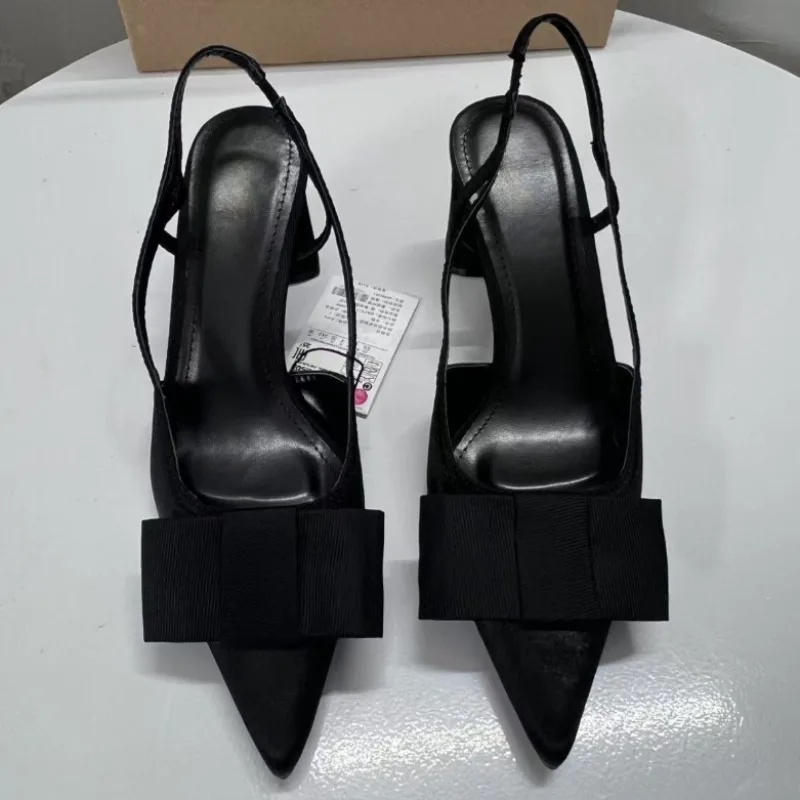 Pointed Toe Women\'s Office Shoes 2025 Spring Black Retro Bow Decoration High Heels Shallow Slingbacks Elegant Ladies Pumps