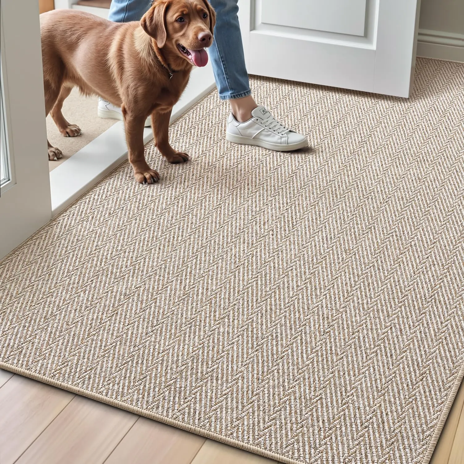 

Ultra Thin Indoor Door Mat 48x72, Non-Slip Entryway Carpet with Herringbone Design for Patio Porch Beige