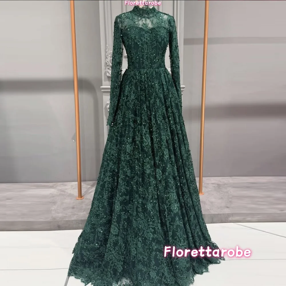 Dubai A-Linien Luxus-Abendkleid mit hohem Kragen und Spitze für Damen, Muslimisches Langarm-Paillettenkleid für formelle Anlässe, Abschlussball und Partys, Maßanfertigung
