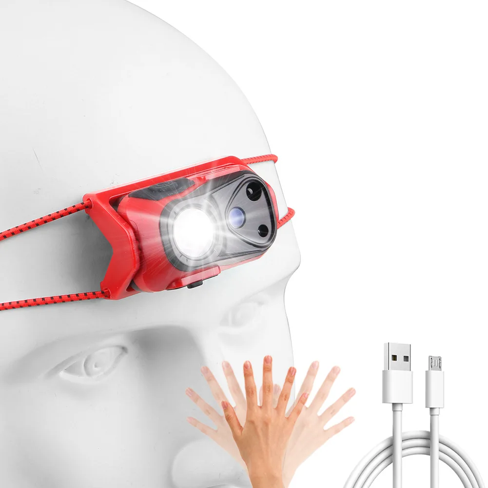 Latarka czołowa LED z czujnikiem, ładowana przez USB, do biegania, na kemping, latarka