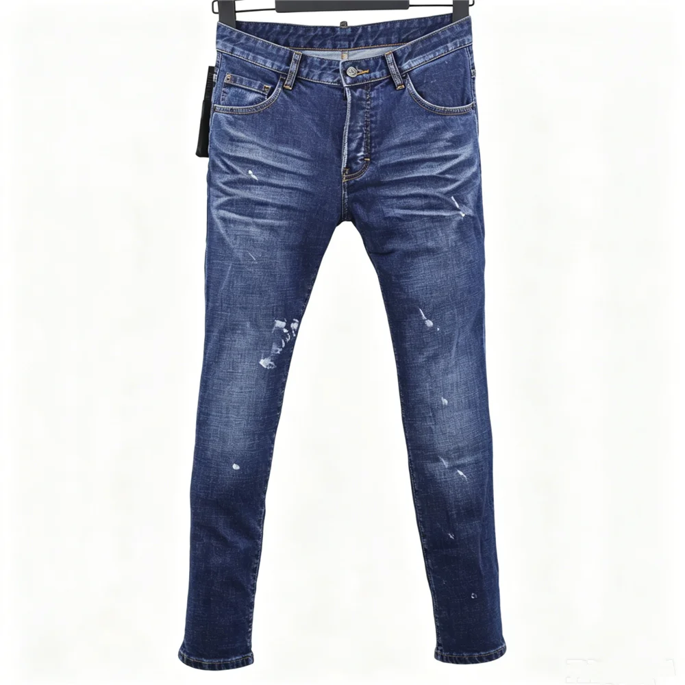 6023 Four Seasons New Men's Jeans Washed Ripped Patch Paint Three-dimensional Cut Leg Blue Jeans