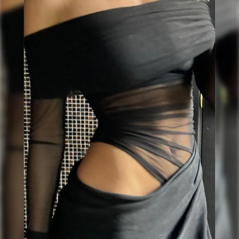 New Fashion Women's One Shoulder Long Sleeve Perspective Mesh Sexy Splicing Hip Wrapping Dress