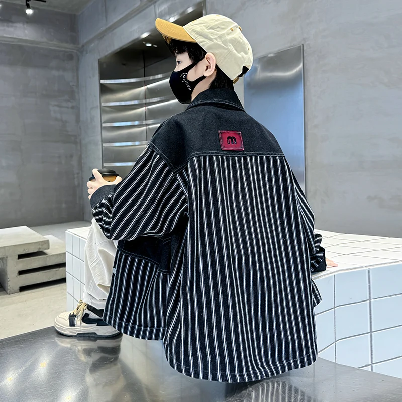 Spring Autumn Style Children Vertical Stripe Shirt Jacket for Teenage Boys Long Sleeve Tops Kids Loose Casual Blouse Coat 5-14 Y