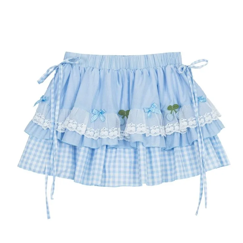 Korean Style Plaid Skirt Lace Splicing Multi-layer Pleated Edge Chic Design Fluffy Skirts Sweet Summer A-line Daily Mini Skirt