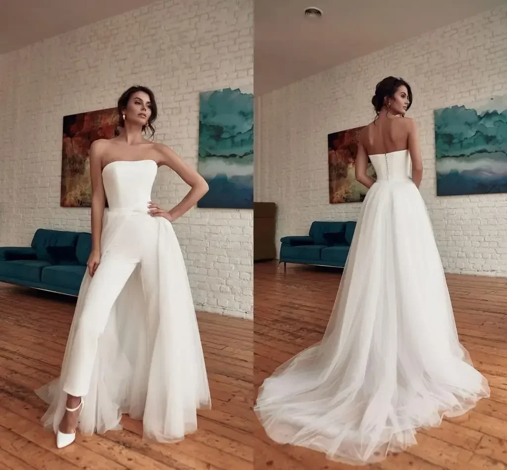 Customized Unique Satin Plus Size Jumpsuits Wedding Dress With Detachable Train Strapless Ankle Length Formal Party Gowns