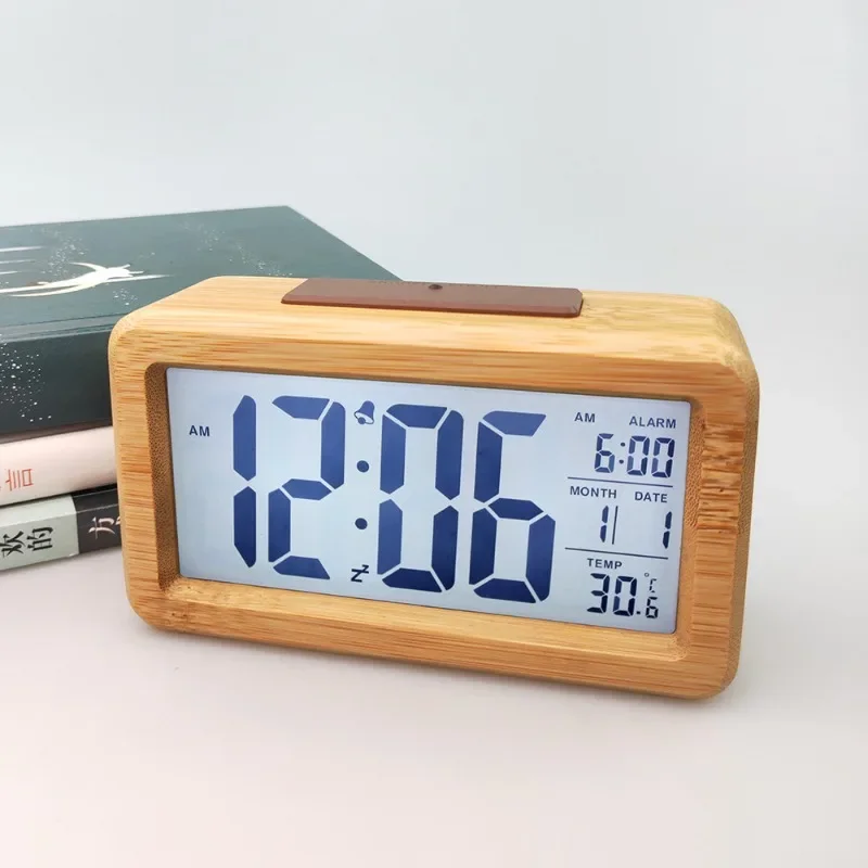 Solid Wood Small Alarm Clock Rectangular Bedside Clock Student Wake-up Electronic Watch Luminous Date Temperature Display
