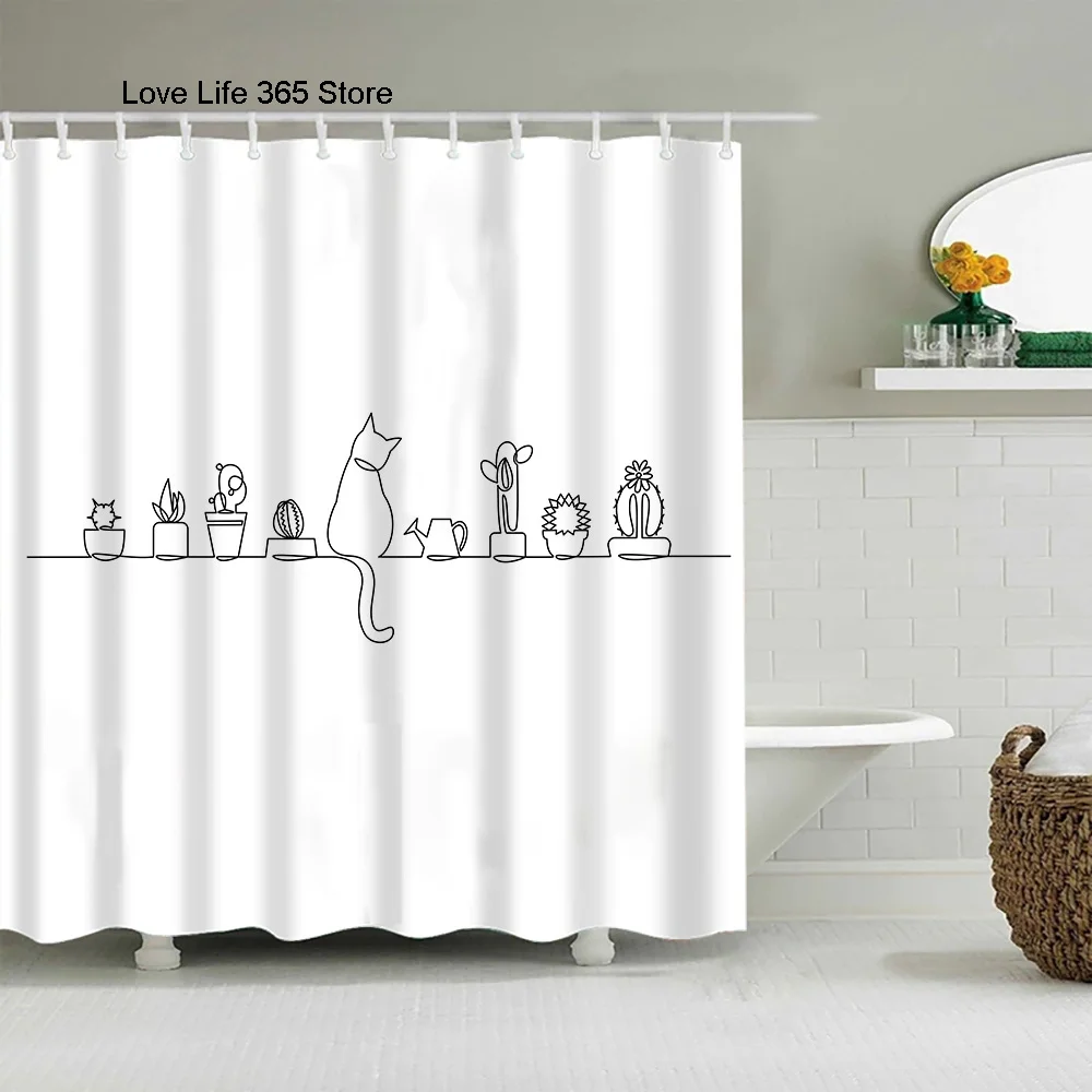 Puppy Cat Cute Cartoon Shower Curtains Washable Fabric Polyester For Bathtub Art Bathroom Decor Partition With Hooks Waterproof