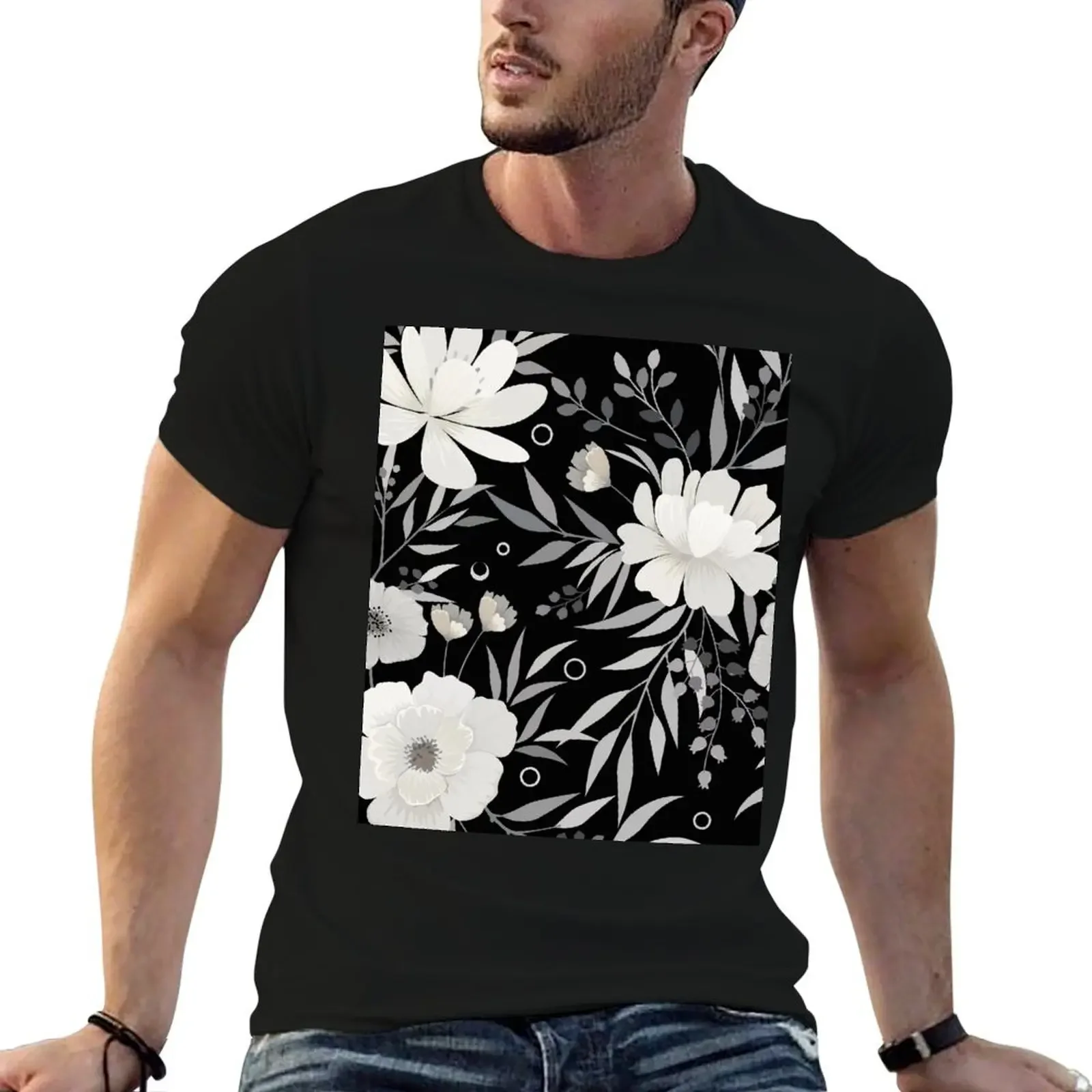 Modern Print Floral, Gray, Black and White T-Shirt plus size clothes football t shirt mens tall t shirts