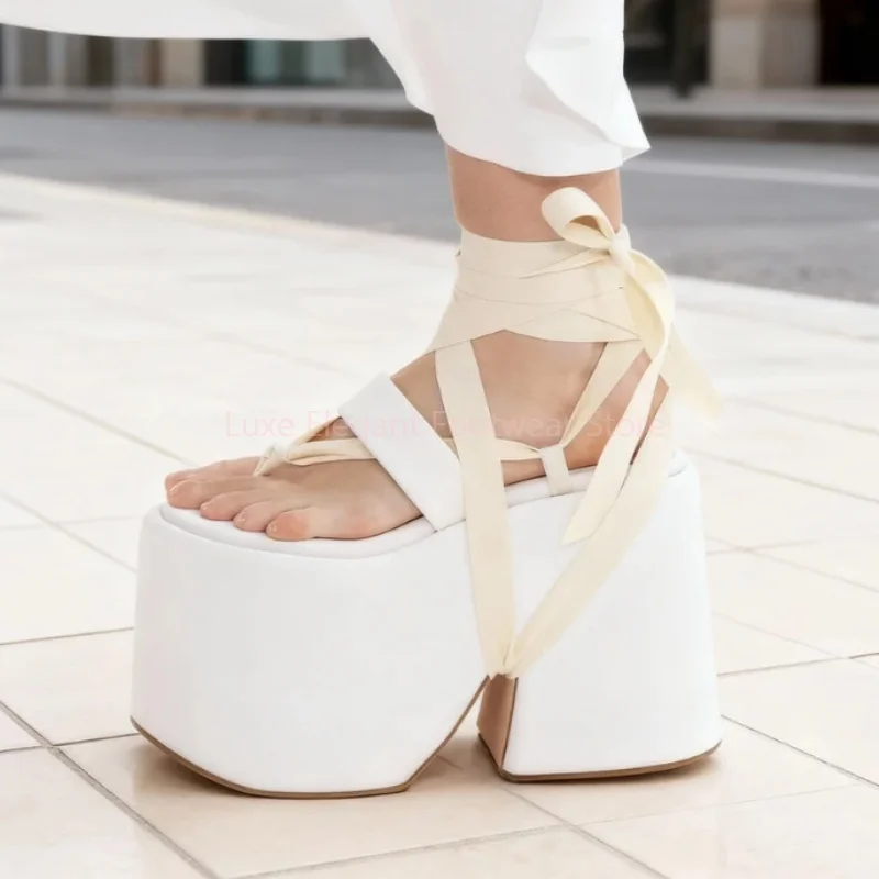 

White Lace Up Platform Chunky Heels Sandals Women Open Toe Thick Sole Flip-Flop High Heels Fashion Trendy Party Catwalk Shoes