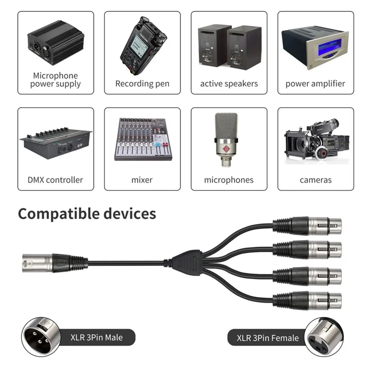 a42f-3ピンxlr-1オス-4メスyスプリッターオーディオケーブル、4ウェイ-1xlrシングル入力-4出力パラレル接続ケーブル