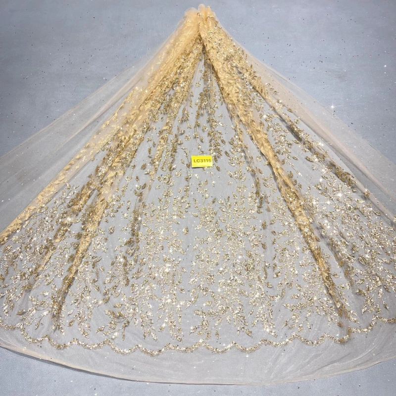

10 Yards Gold Fadhion Design Africa Glitter Fabric Embroidery Net Lace With Glued Glitter Sequins Wedding Or Party Dress