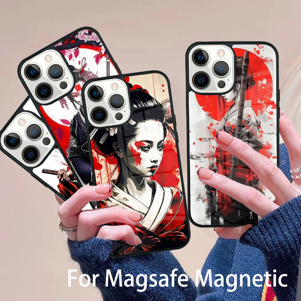 

Samurai Warrior Geisha Phone Case Magesafe Magnetic Wireless Charge Cover For IPhone 16 11 12 13 14 15 Pro Max Plus Mini