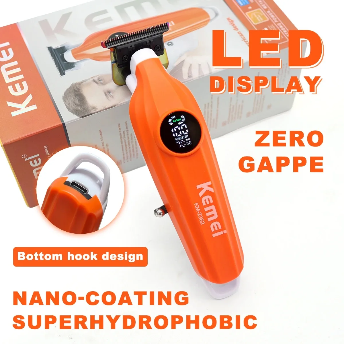 Kemei 2362 Professional Men Hair Clipper Zero Gapped Hair Trimmer Superhydrophobic Nano-Coating Finishing Hair Cutting Machine