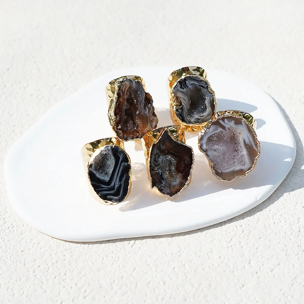 Irregular Raw Brazilian Agate Slices Ring Geode Quartz Stone Adjustable Open Wide Gemstone Finger Wedding Party Jewelry