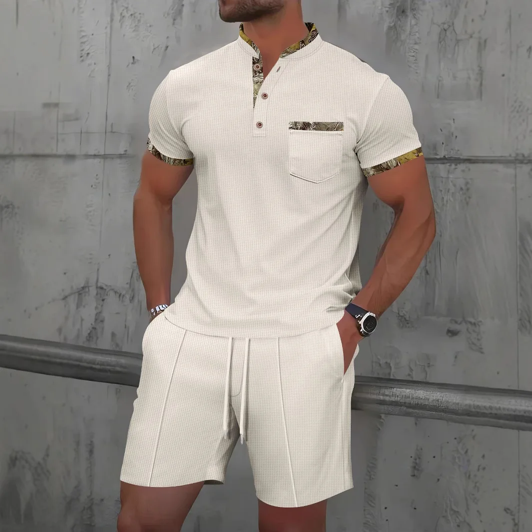 Men's Summer New Stand-up Collar Color Matching Short-sleeved Shorts Casual Suit