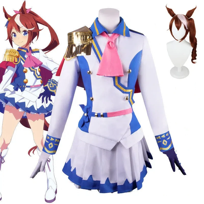 Anime Uma Musume Tokai Teio Cosplay Costume Raison Academy Uniform Navy Collar Cute Dress Short Skirt with Headwear Gloves Wig