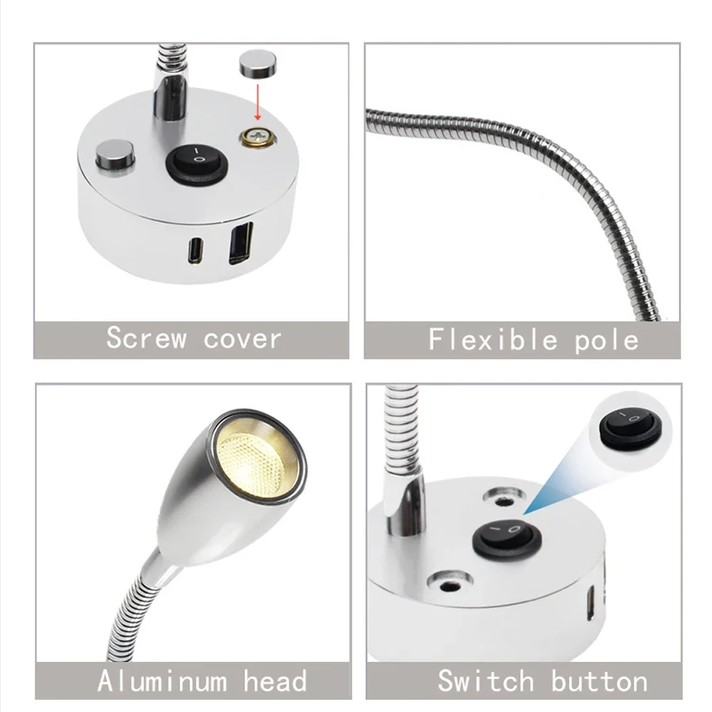 DC 12V/24V LED RV Reading Light With USB Type-C Flexible Gooseneck Light with Touch Switch for Boat Camper RV Van Trailer
