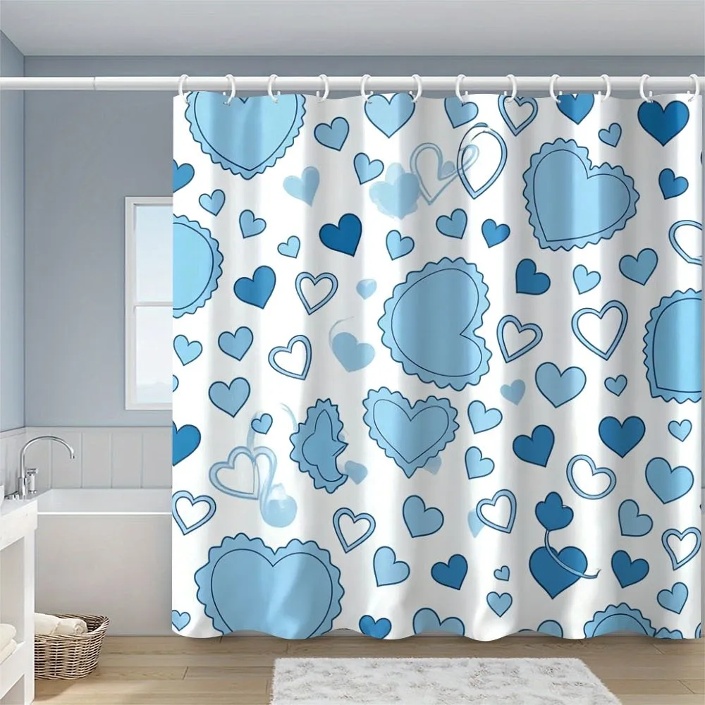 Blue Heart Shower Curtain – Whimsical Pastel Hearts on White, 12 Hooks, Machine Washable, Cheerful Bathroom Decor
