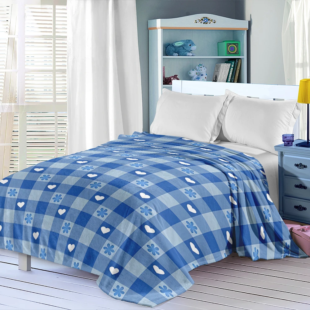 Blue Gingham Hearts Flowers Soft Flannel Blanket Warm Cozy Throw Blanket for Bedroom Living Room Fuzzy Plush Bedspread Gift