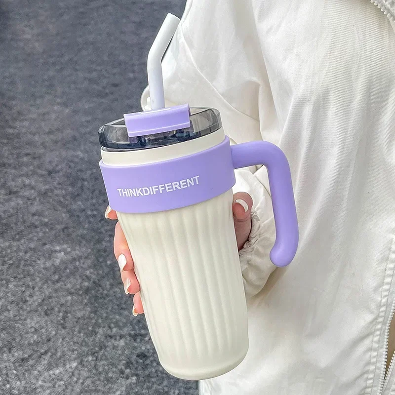 860ml Large Capacity Coffee Cup with Handle Straw Thermos Cup Girl Stainless Steel Ice Bomber Cup Outdoor Portable Water Bottle